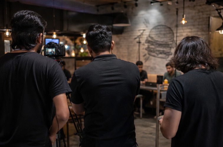 Hivex crew filming an on-location shoot at a Dubai restaurant
