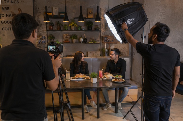 Hivex crew filming a client interview at a Dubai cafe