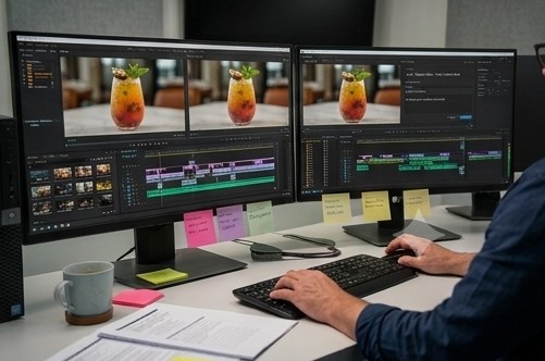 Hivex editor cutting a client video across dual monitors