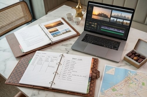 Content strategy and shot-list planning laid out on a desk with a map of Dubai