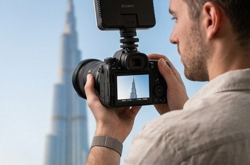 Hivex videographer filming content on location in front of the Burj Khalifa, Dubai